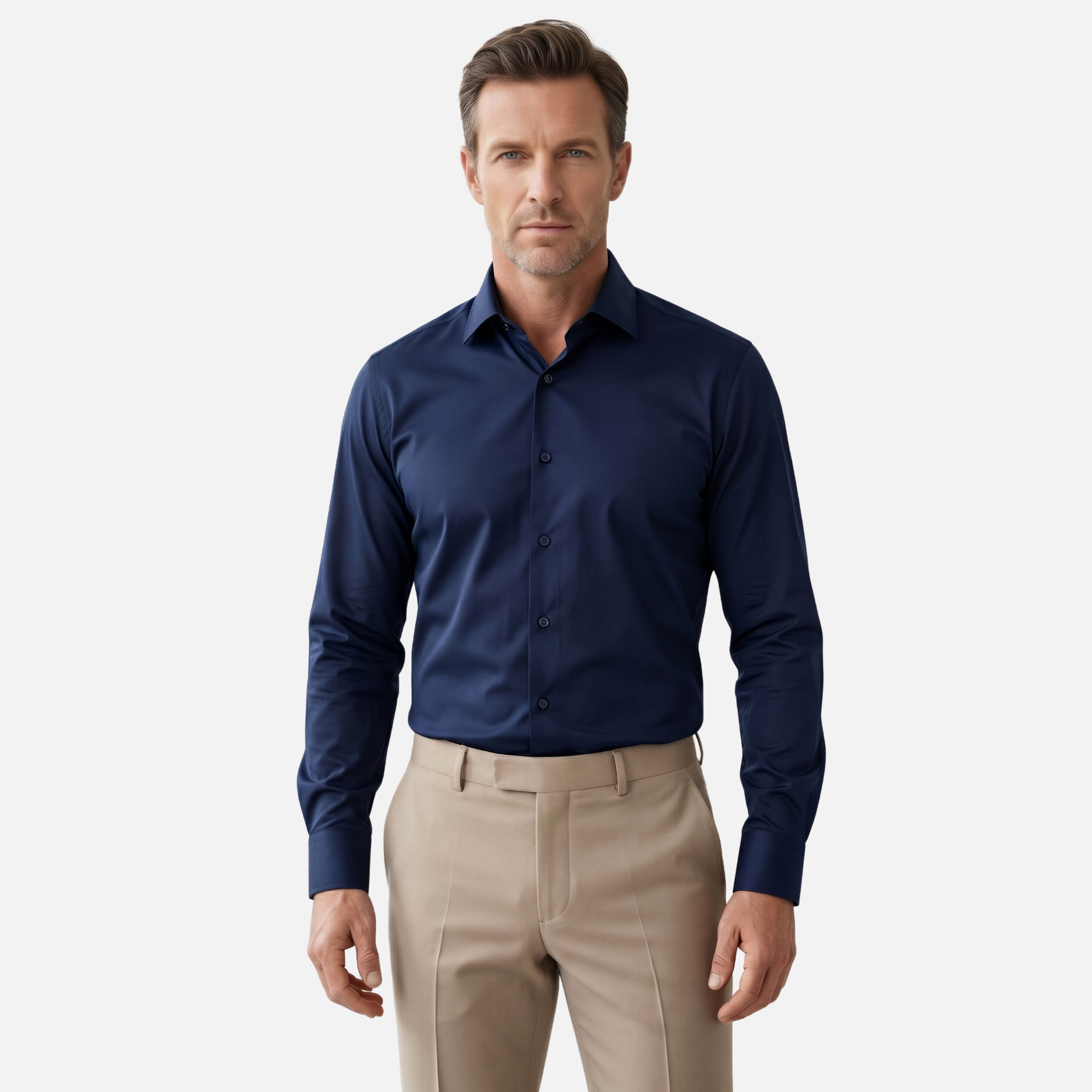 Lacivert Pamuk Saten Non-Iron Ütü Istemeyen Casual Cepsiz Fit Gömlek