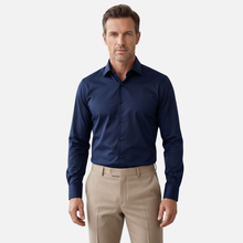 Lacivert Pamuk Saten Non-Iron Ütü Istemeyen Casual Cepsiz Fit Gömlek