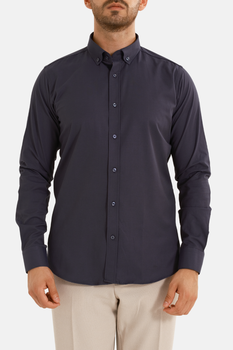 Lacivert Oxford Düğmeli Yaka Pamuk Likra Slim Fit Casual Cepsiz Gömlek