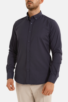 Lacivert Oxford Düğmeli Yaka Pamuk Likra Slim Fit Casual Cepsiz Gömlek