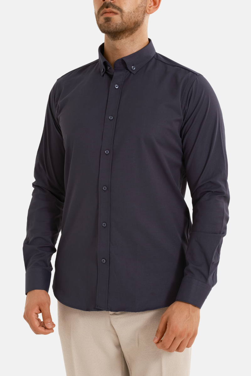 Lacivert Oxford Düğmeli Yaka Pamuk Likra Slim Fit Casual Cepsiz Gömlek