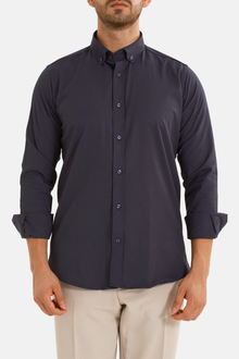 Lacivert Oxford Düğmeli Yaka Pamuk Likra Slim Fit Casual Cepsiz Gömlek
