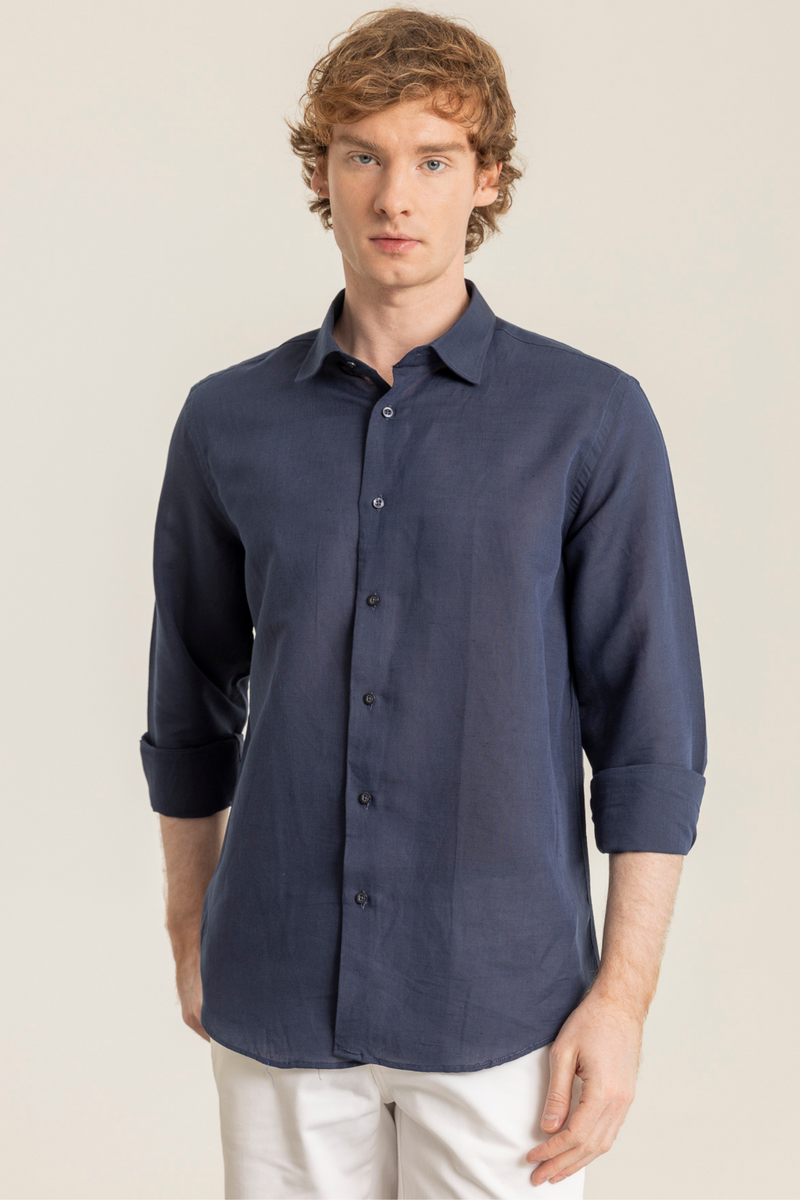 Lacivert %100 Keten Düğmeli Yaka Casual Modern Fit Cepsiz Gömlek