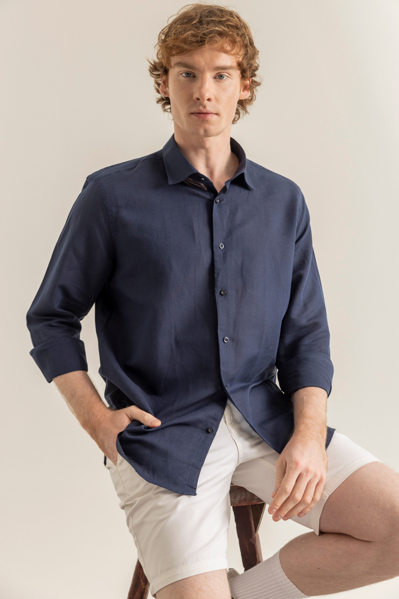 Lacivert %100 Keten Düğmeli Yaka Casual Modern Fit Cepsiz Gömlek