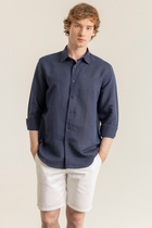 Lacivert %100 Keten Düğmeli Yaka Casual Modern Fit Cepsiz Gömlek