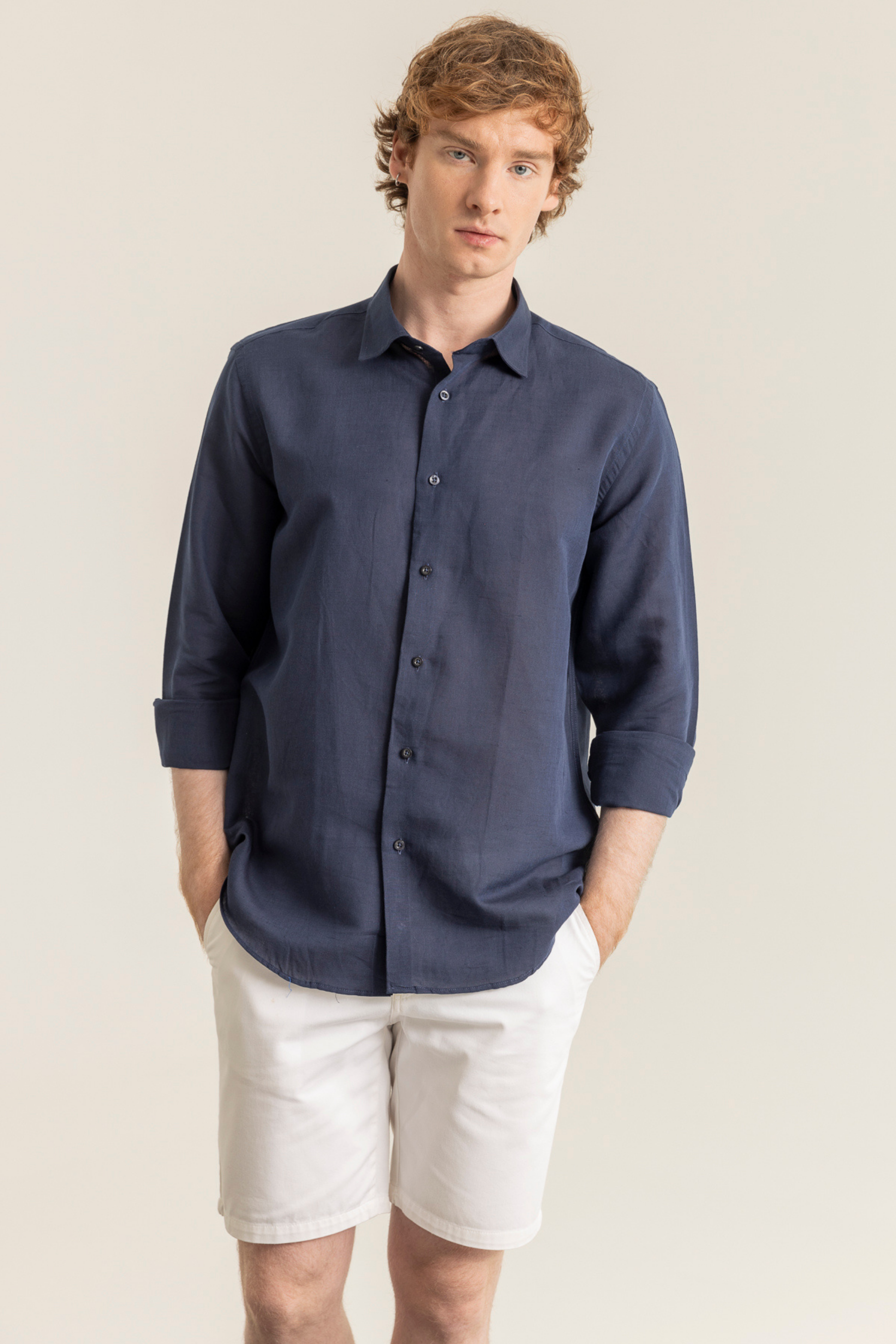 Lacivert %100 Keten Düğmeli Yaka Casual Modern Fit Cepsiz Gömlek