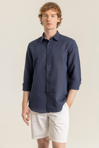 Lacivert %100 Keten Düğmeli Yaka Casual Modern Fit Cepsiz Gömlek