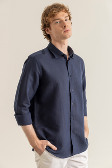 Lacivert %100 Keten Düğmeli Yaka Casual Modern Fit Cepsiz Gömlek