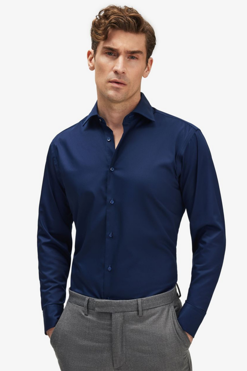 Lacivert %100 Pamuk Saten Non-Iron Ütü Istemeyen Casual Cepsiz Modern Fit Gömlek