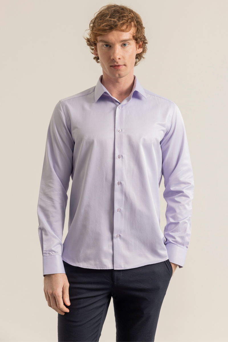 Lila %100 Pamuk Saten Non-Iron Ütü Istemeyen Casual Cepsiz Modern Fit Gömlek