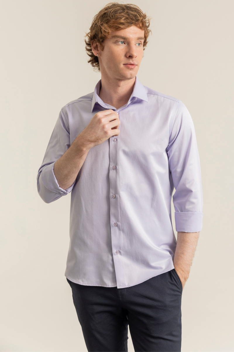 Lila %100 Pamuk Saten Non-Iron Ütü Istemeyen Casual Cepsiz Modern Fit Gömlek