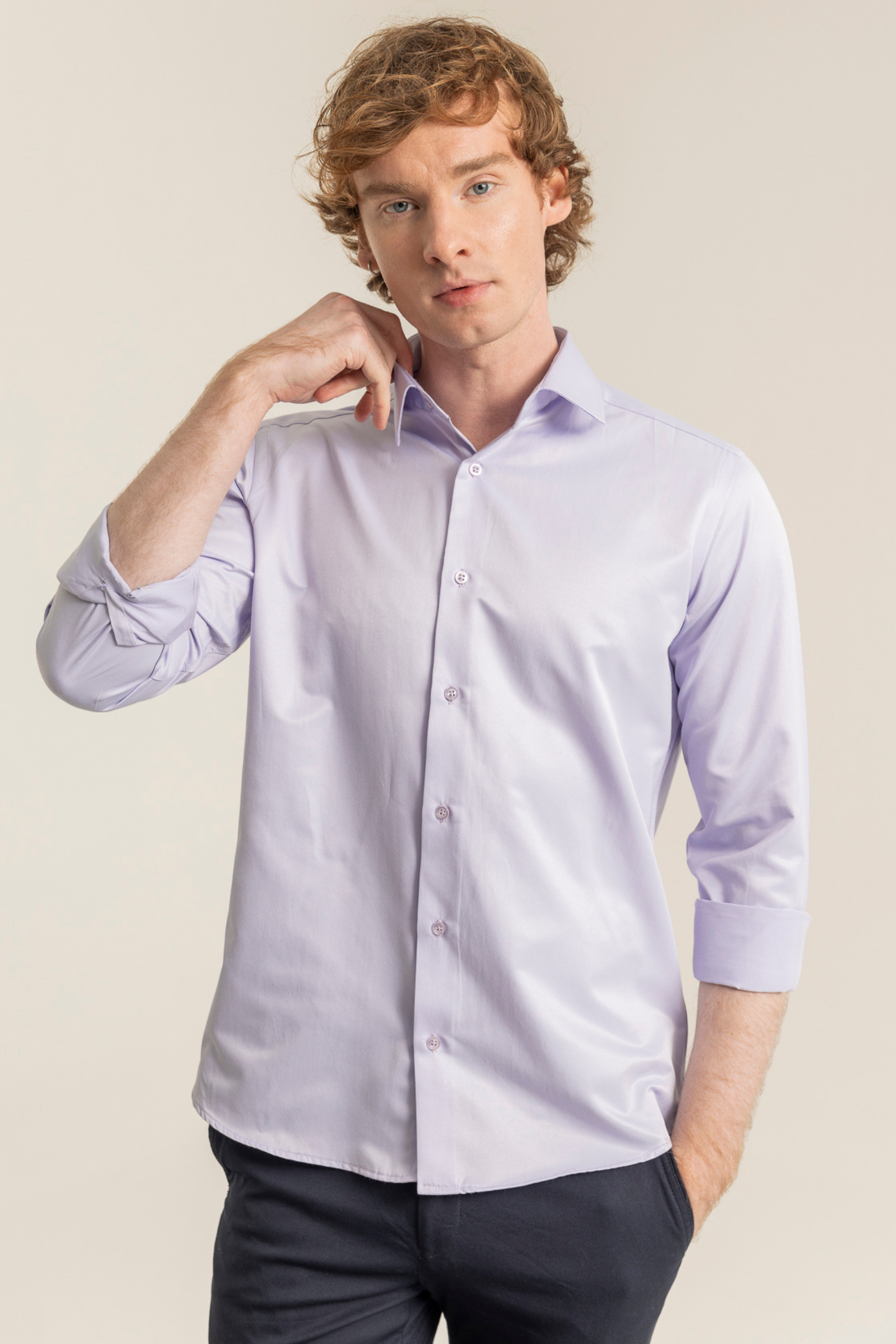 Lila %100 Pamuk Saten Non-Iron Ütü Istemeyen Casual Cepsiz Modern Fit Gömlek