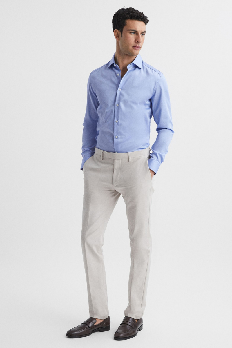Mavi %100 Pamuk Saten Non-Iron Ütü İstemeyen Casual Cepsiz Modern Fit Gömlek