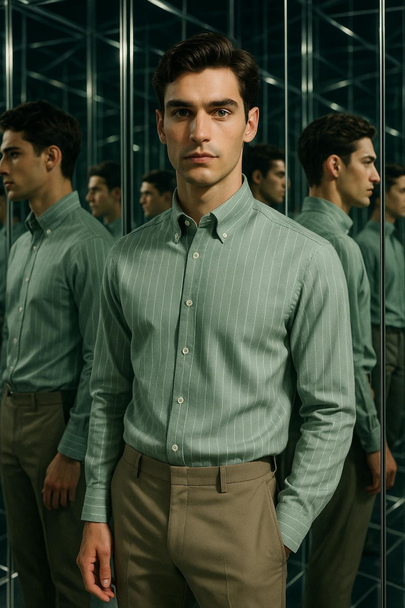 Mint Çizgili Keten Viskon Karışımlı Düğmeli Yaka Casual Modern Fit Gömlek