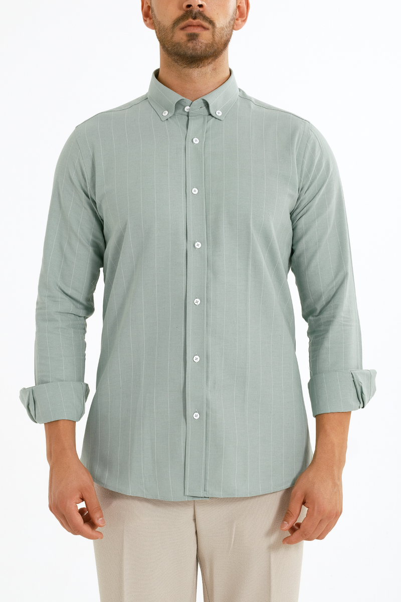 Mint Çizgili Keten Viskon Karışımlı Düğmeli Yaka Casual Modern Fit Gömlek