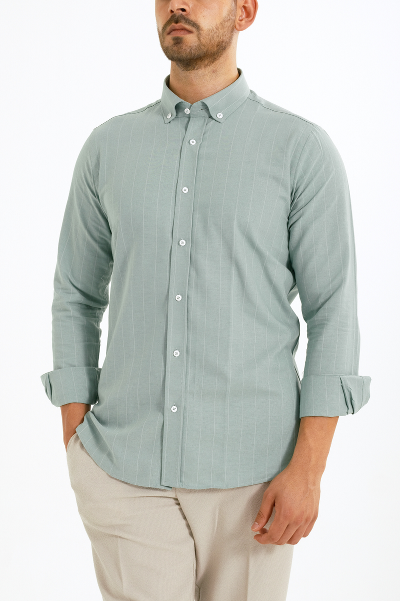 Mint Çizgili Keten Viskon Karışımlı Düğmeli Yaka Casual Modern Fit Gömlek