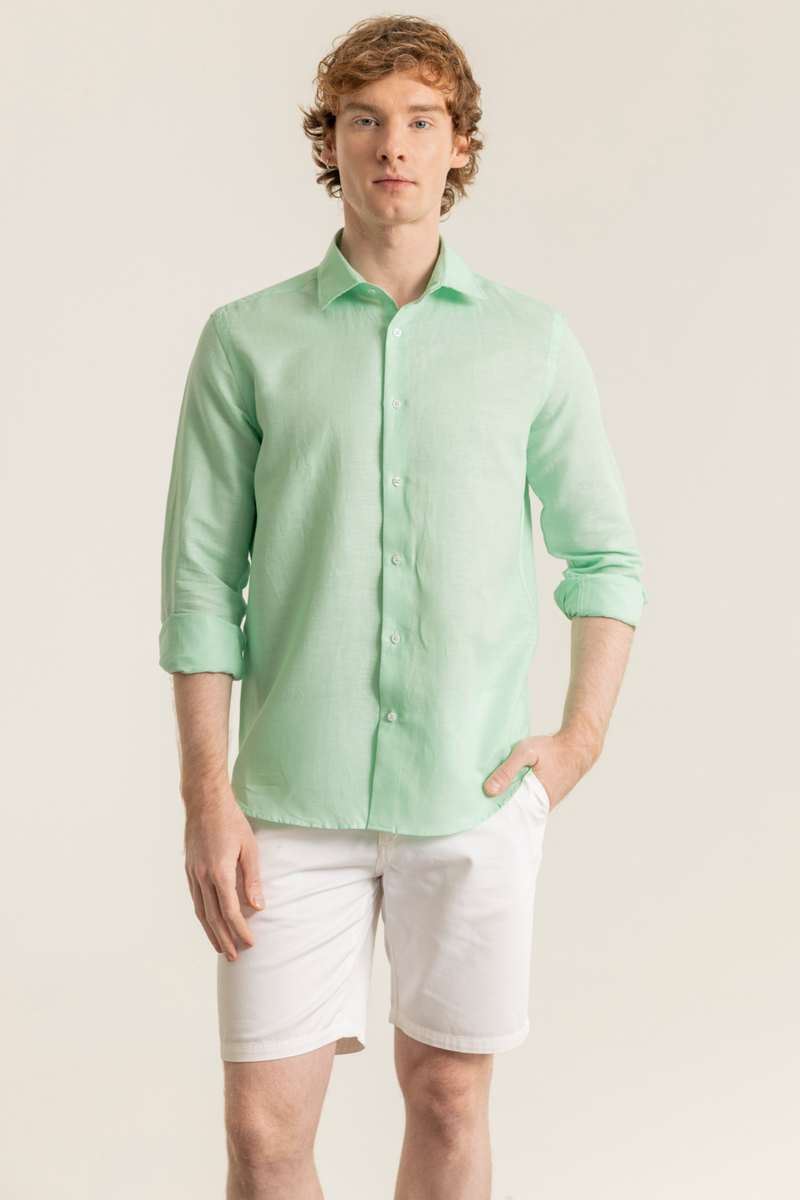 Mint %100 Keten Düğmeli Yaka Casual Modern Fit Cepsiz Gömlek