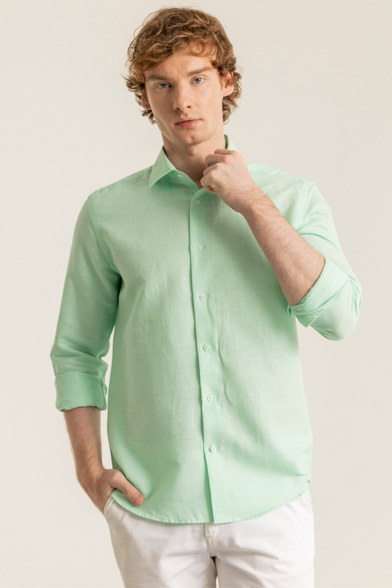 Mint %100 Keten Düğmeli Yaka Casual Modern Fit Cepsiz Gömlek