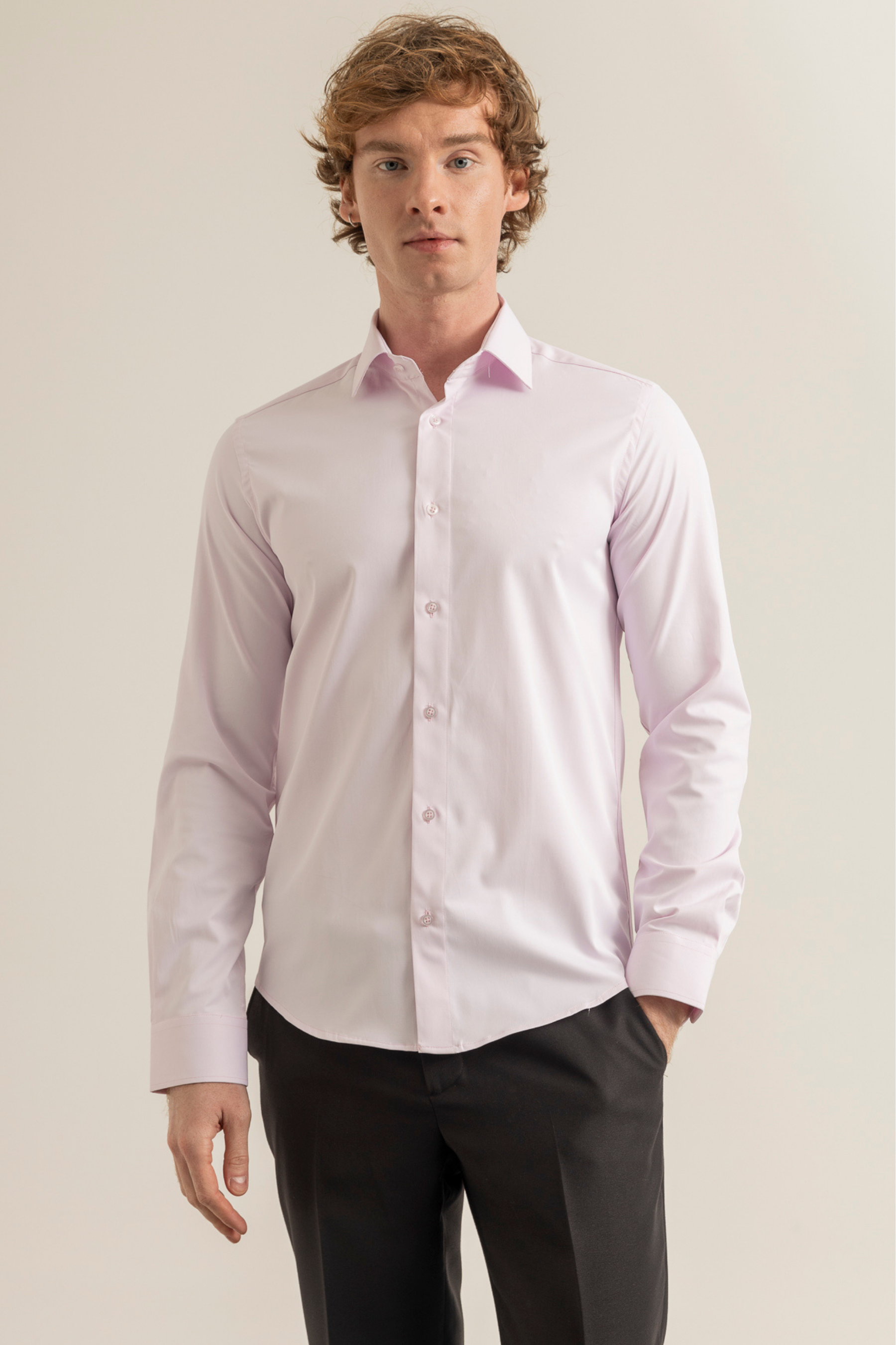 Pembe %100 Pamuk Saten Non-Iron Ütü Istemeyen Casual Cepsiz Modern Fit Gömlek