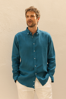 Petrol Mavisi %100 Keten Düğmeli Yaka Casual Modern Fit Cepsiz Gömlek
