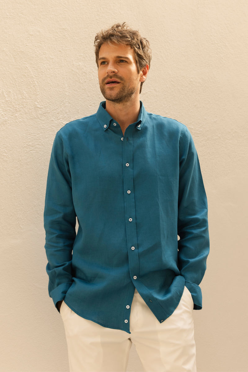 Petrol Mavisi %100 Keten Düğmeli Yaka Casual Modern Fit Cepsiz Gömlek