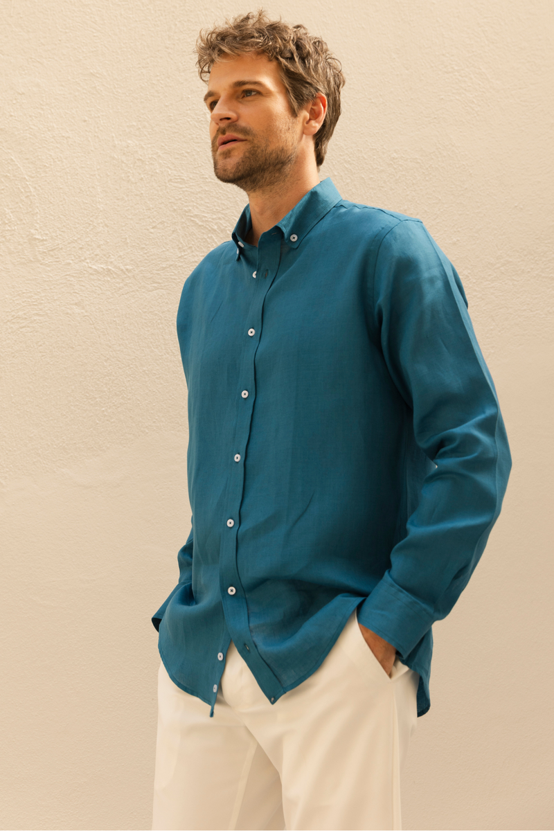 Petrol Mavisi %100 Keten Düğmeli Yaka Casual Modern Fit Cepsiz Gömlek