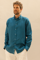 Petrol Mavisi %100 Keten Düğmeli Yaka Casual Modern Fit Cepsiz Gömlek