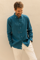 Petrol Mavisi %100 Keten Düğmeli Yaka Casual Modern Fit Cepsiz Gömlek