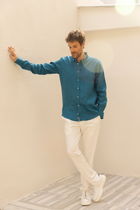 Petrol Mavisi %100 Keten Düğmeli Yaka Casual Modern Fit Cepsiz Gömlek