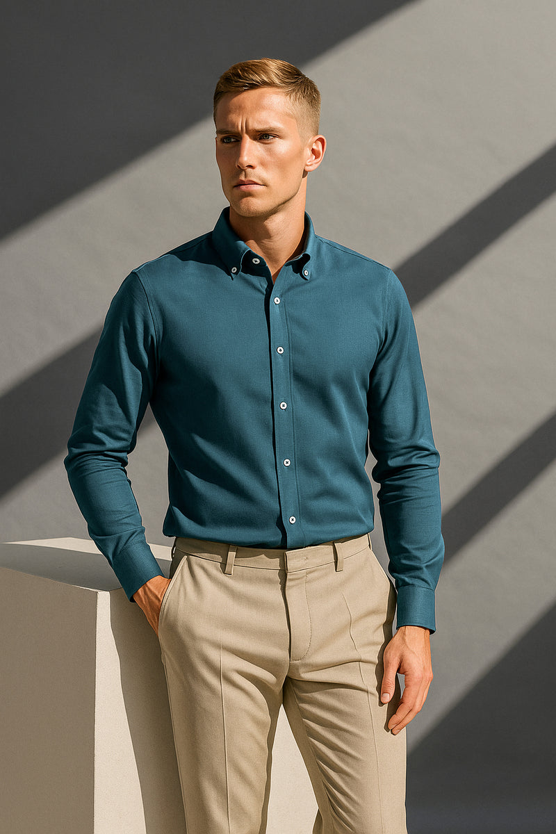 Petrol Mavisi Oxford Düğmeli Yaka Pamuk Likra Slim Fit Casual Cepsiz Gömlek