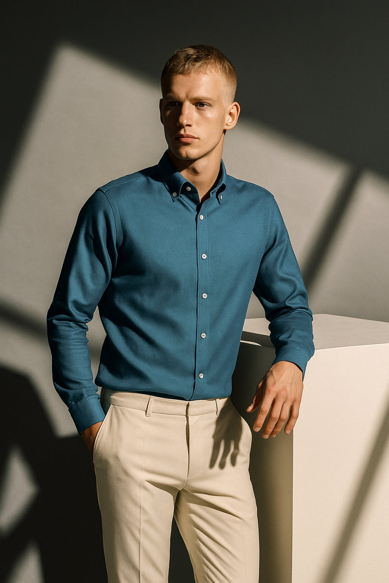 Petrol Mavisi Oxford Düğmeli Yaka Pamuk Likra Slim Fit Casual Cepsiz Gömlek