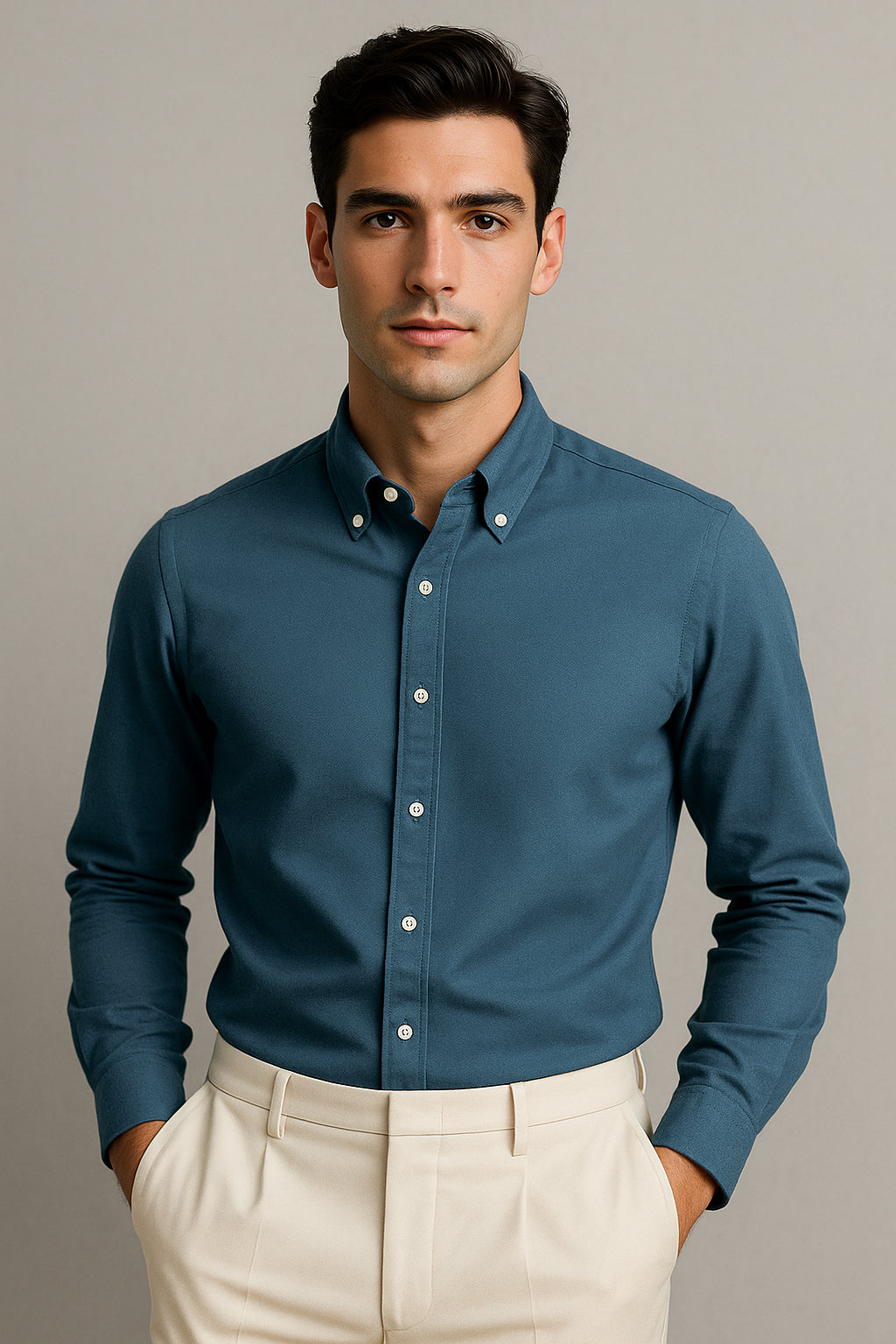 Petrol Mavisi Oxford Düğmeli Yaka Pamuk Likra Slim Fit Casual Cepsiz Gömlek