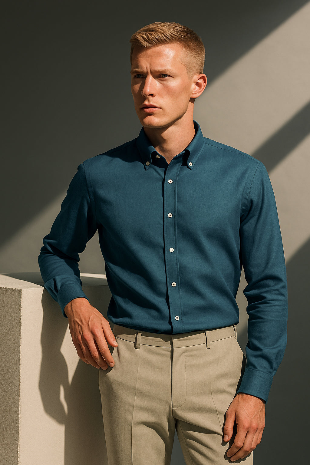 Petrol Mavisi Oxford Düğmeli Yaka Pamuk Likra Slim Fit Casual Cepsiz Gömlek
