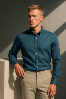 Petrol Mavisi Oxford Düğmeli Yaka Pamuk Likra Slim Fit Casual Cepsiz Gömlek