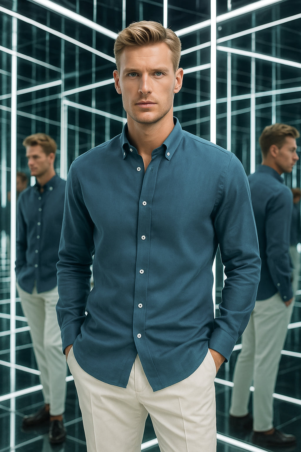 Petrol Mavisi Oxford Düğmeli Yaka Pamuk Likra Slim Fit Casual Cepsiz Gömlek