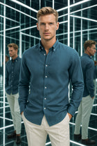 Petrol Mavisi Oxford Düğmeli Yaka Pamuk Likra Slim Fit Casual Cepsiz Gömlek