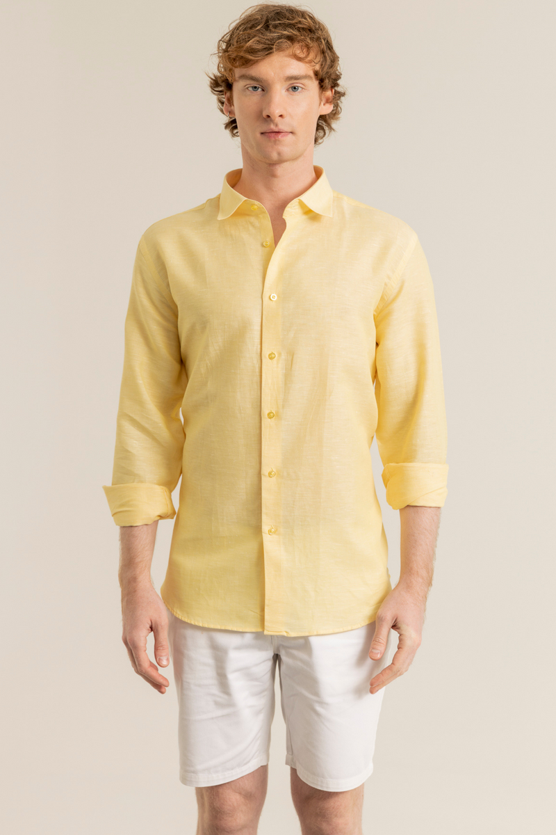 Sarı %100 Keten Düğmeli Yaka Casual Modern Fit Cepsiz Gömlek