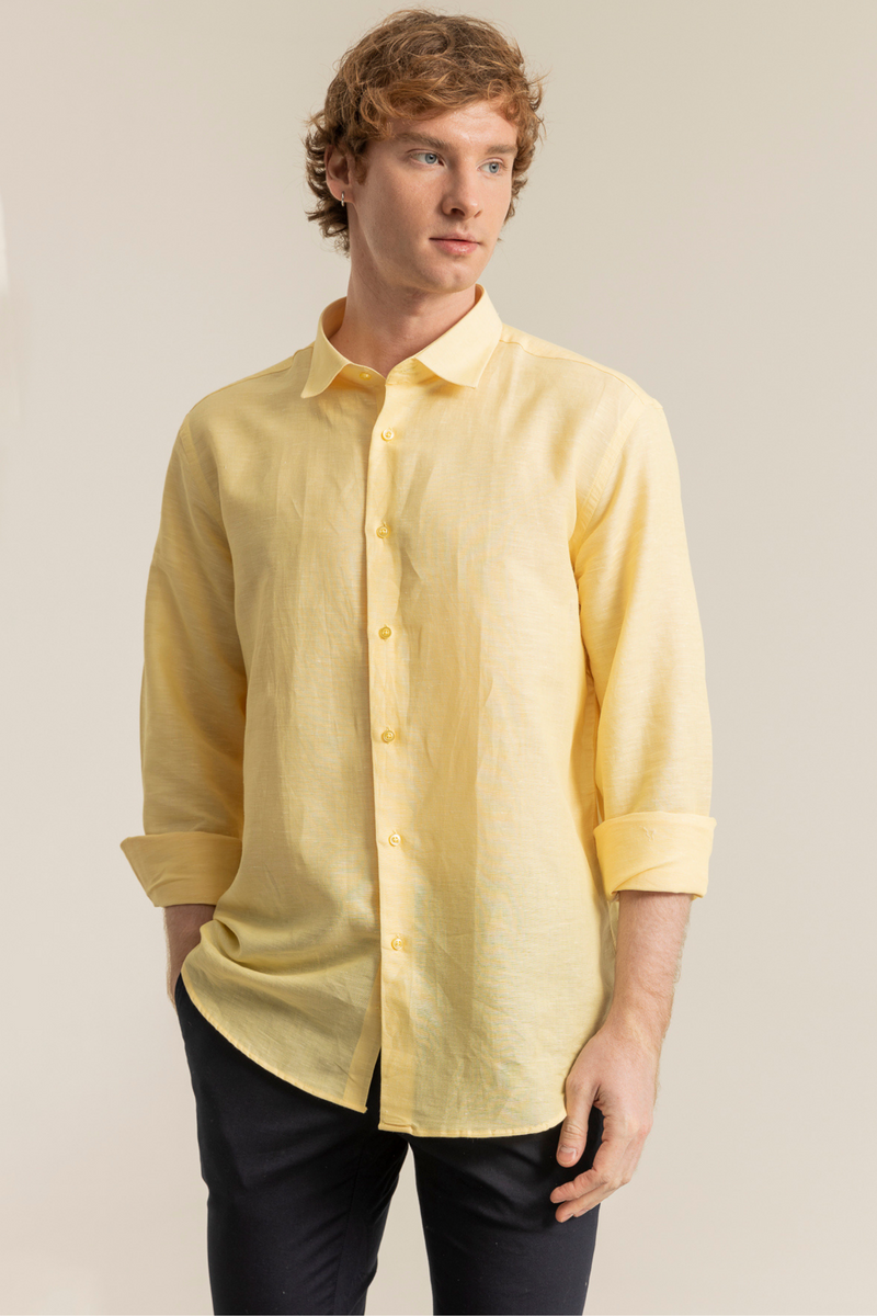 Sarı %100 Keten Düğmeli Yaka Casual Modern Fit Cepsiz Gömlek