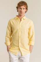Sarı %100 Keten Düğmeli Yaka Casual Modern Fit Cepsiz Gömlek