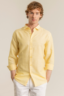 Sarı %100 Keten Düğmeli Yaka Casual Modern Fit Cepsiz Gömlek