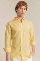 Sarı %100 Keten Düğmeli Yaka Casual Modern Fit Cepsiz Gömlek