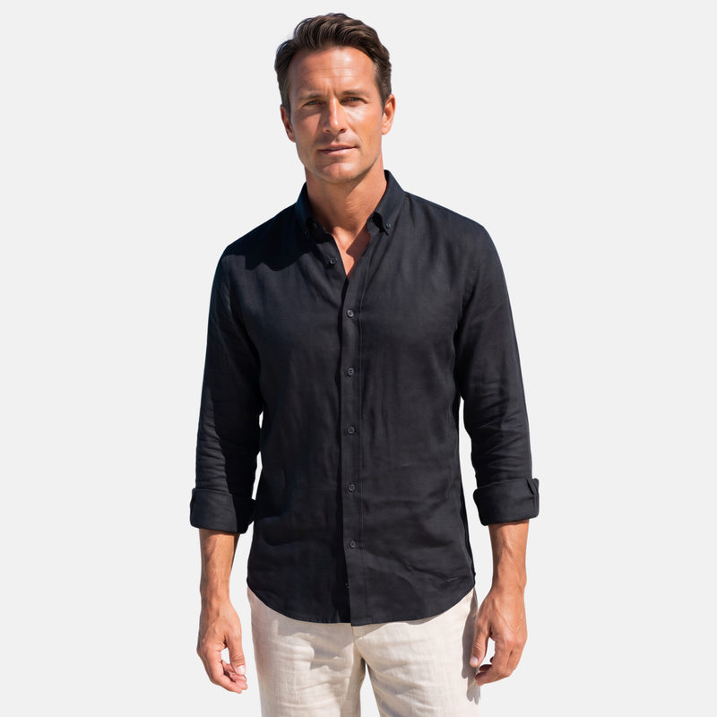 Siyah %100 Keten Düğmeli Yaka Casual Modern Fit Cepsiz Gömlek