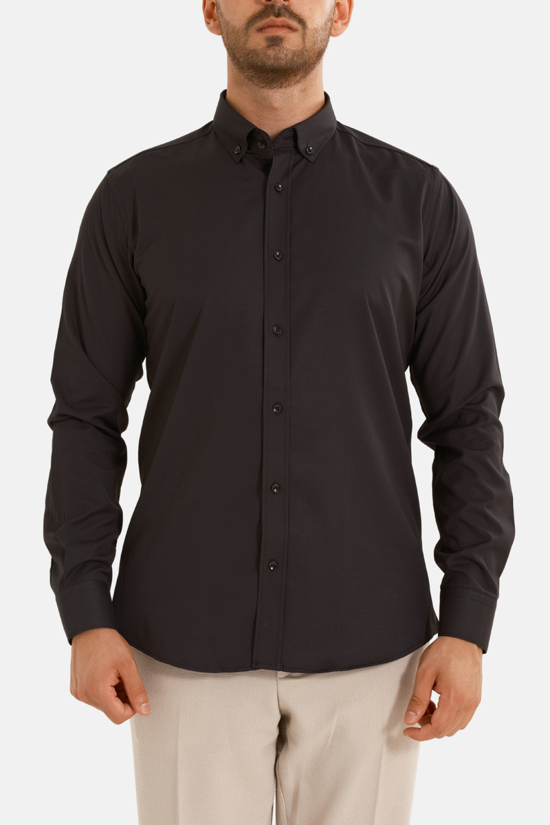 Siyah Oxford Düğmeli Yaka Pamuk Likra Slim Fit Casual Cepsiz Gömlek