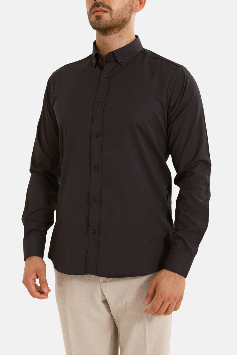 Siyah Oxford Düğmeli Yaka Pamuk Likra Slim Fit Casual Cepsiz Gömlek