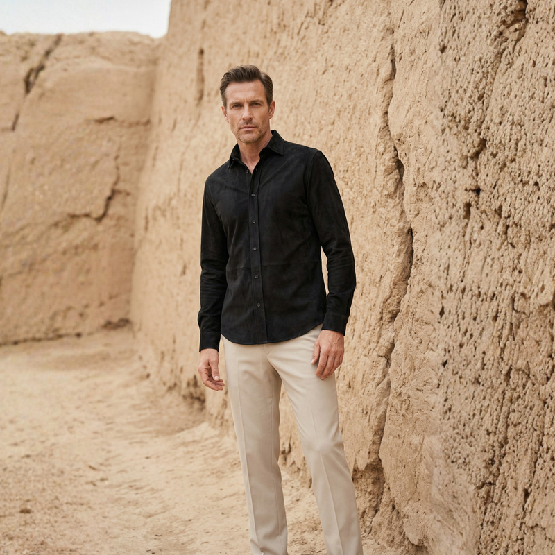 Siyah Süet Cepsiz Slim Fit Casual Gömlek