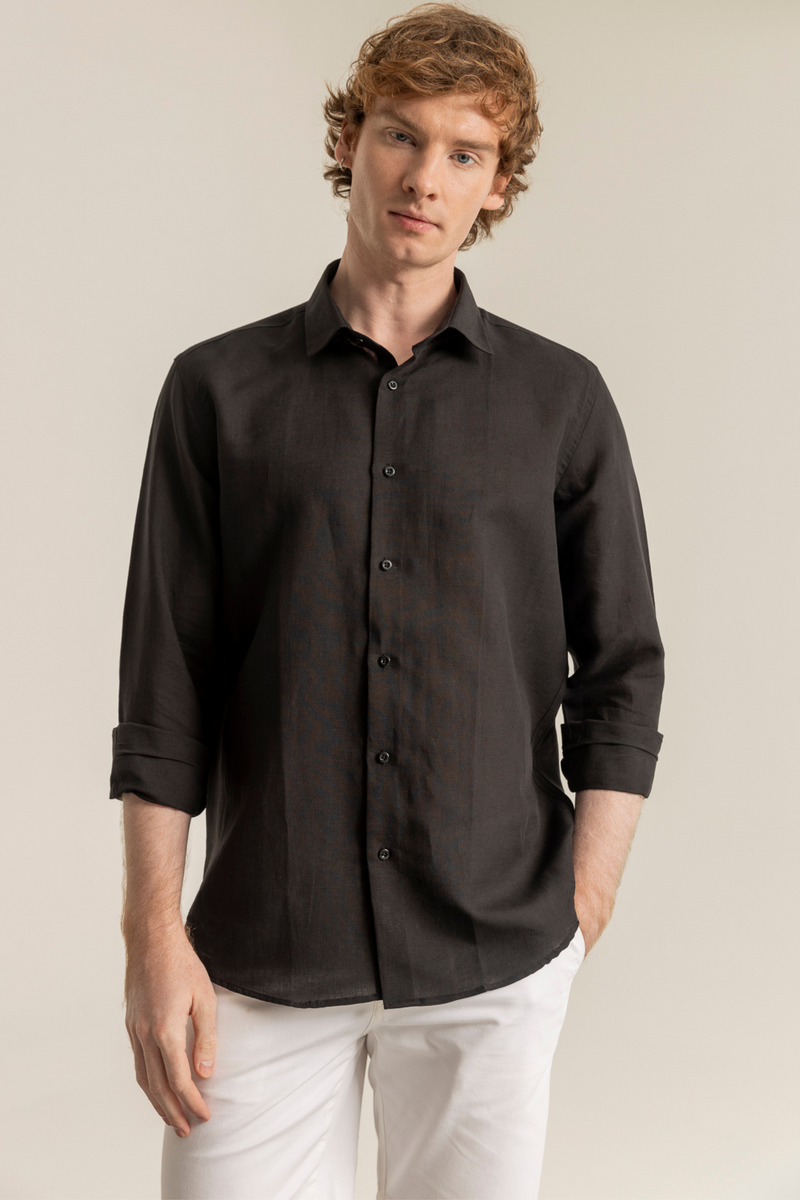 Siyah %100 Keten Düğmeli Yaka Casual Modern Fit Cepsiz Gömlek