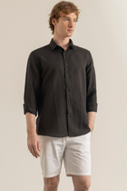 Siyah %100 Keten Düğmeli Yaka Casual Modern Fit Cepsiz Gömlek