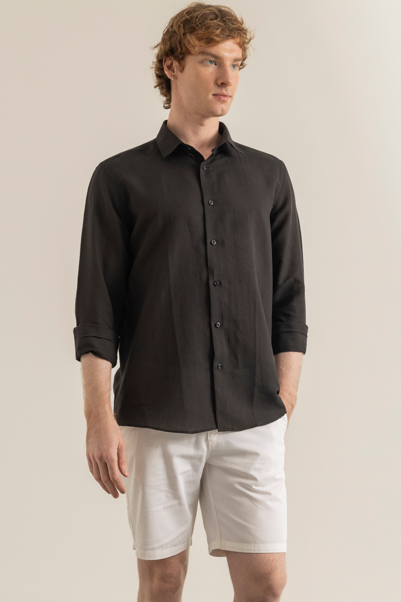 Siyah %100 Keten Düğmeli Yaka Casual Modern Fit Cepsiz Gömlek