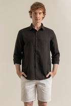 Siyah %100 Keten Düğmeli Yaka Casual Modern Fit Cepsiz Gömlek
