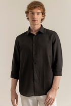 Siyah %100 Keten Düğmeli Yaka Casual Modern Fit Cepsiz Gömlek
